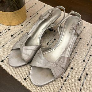 Silver peep-toe sling back satin kitten heels